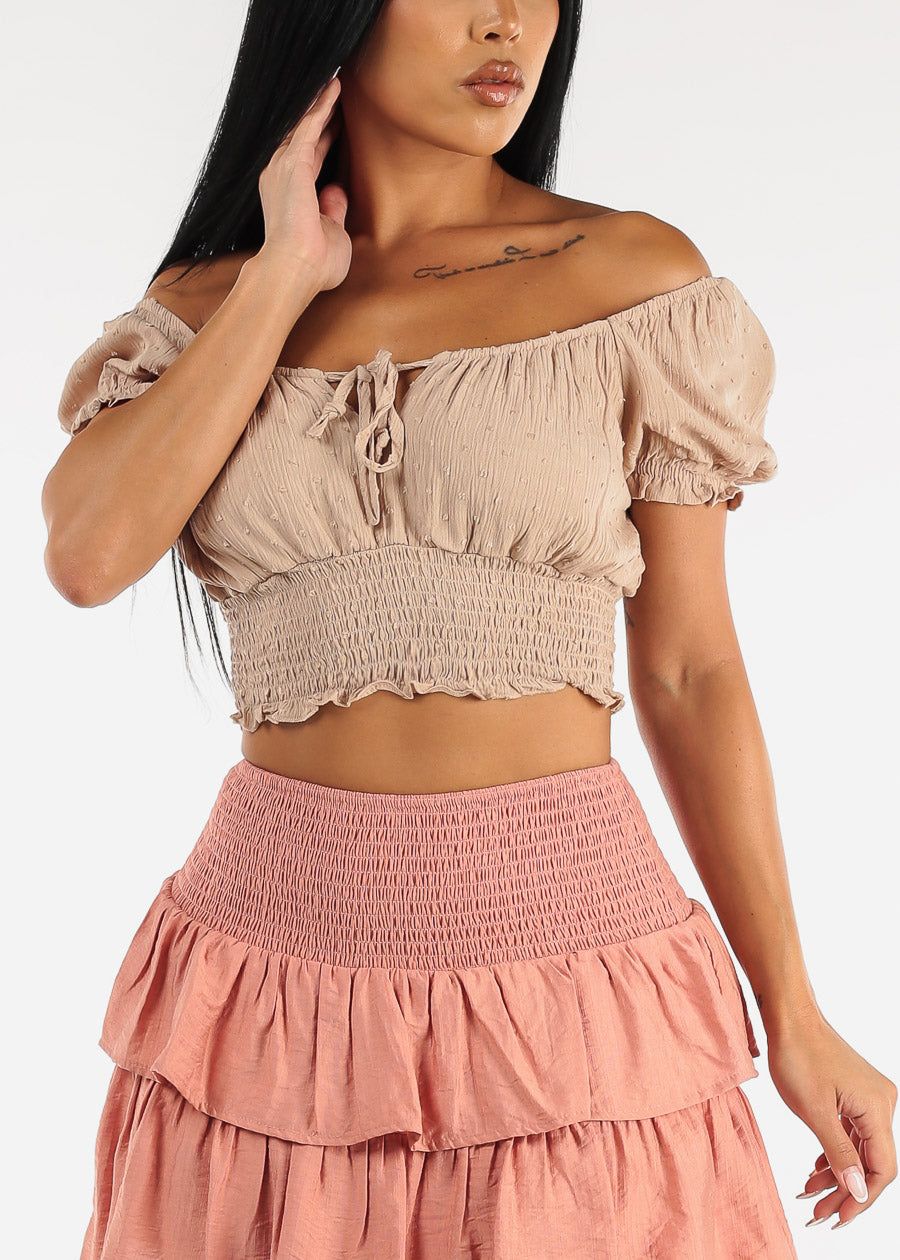 Smocked Hem Short Puff Sleeve Crop Top Beige sold by Moda