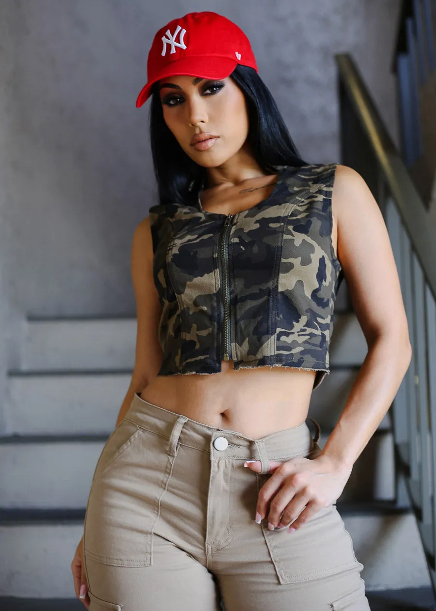 Sleeveless Cropped Camo Denim Vest sold by Moda