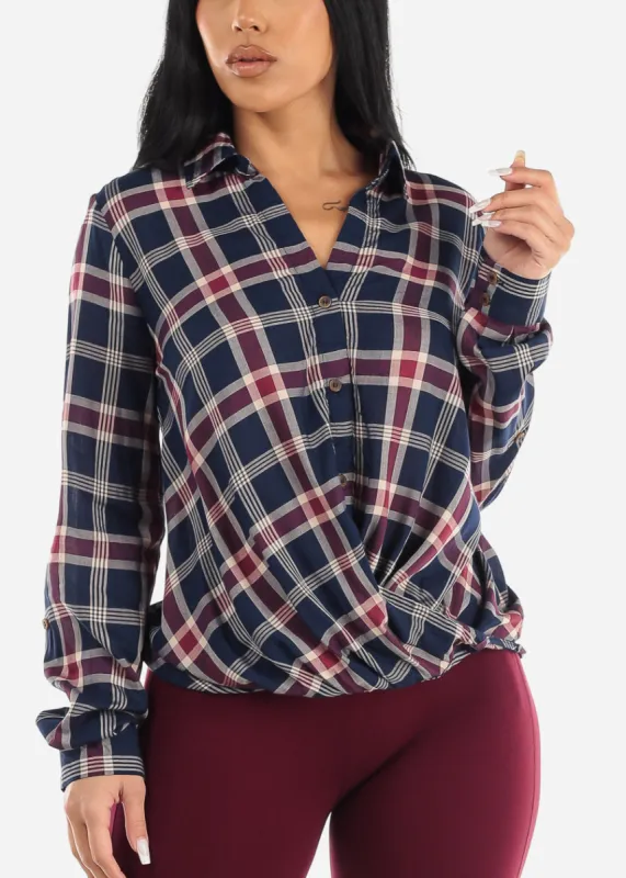 Button Up Twisted Front Roll Up Sleeve Shirt Navy made by Moda