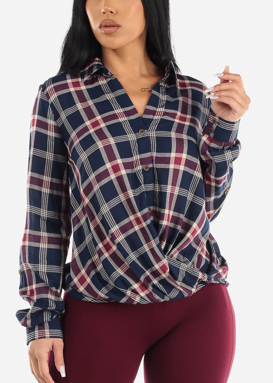 Button Up Twisted Front Roll Up Sleeve Shirt Navy sold by Moda