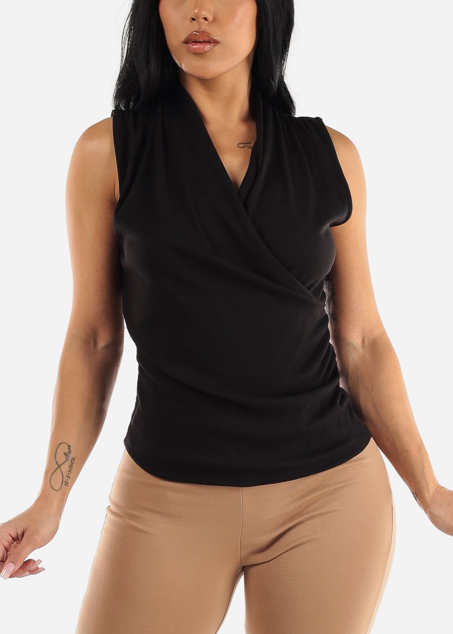 Black Sleeveless Surplice Rib Knit Top sold by Moda