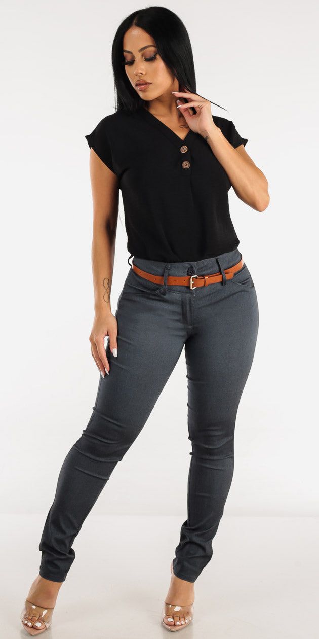 Belted Mid Rise Charcoal Dressy Skinny Pants with Vneck Short Sleeve Black Blouse sold by Moda