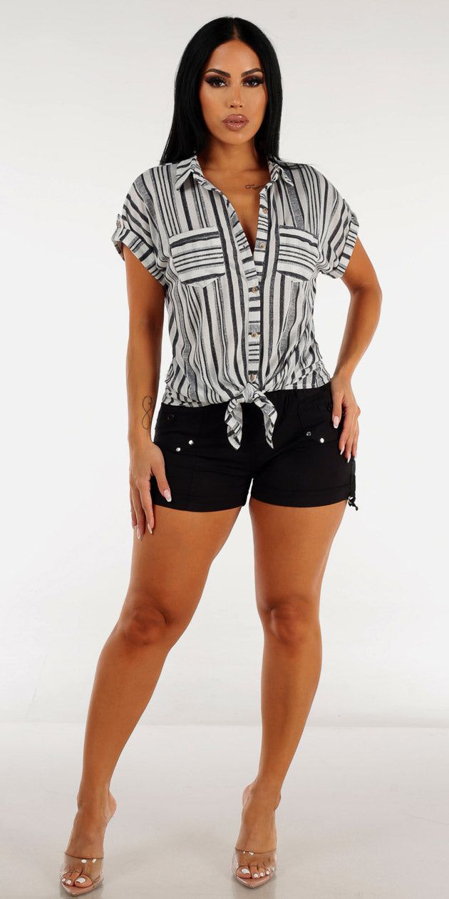 Black Drawstring Waist Cargo Shorts with Tie Front Button Up Stripe Shirt sold by Moda