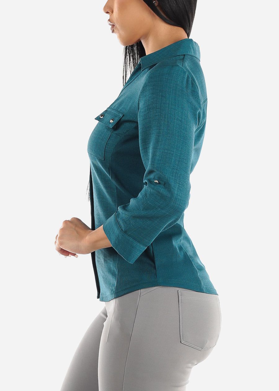 Button Up Shirt Teal Quarter Sleeve sold by Moda product image thumbnail 3