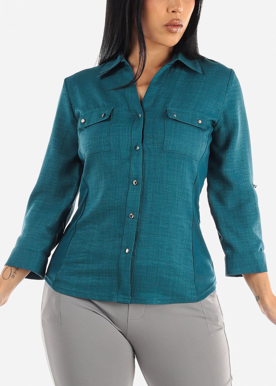 Button Up Shirt Teal Quarter Sleeve sold by Moda