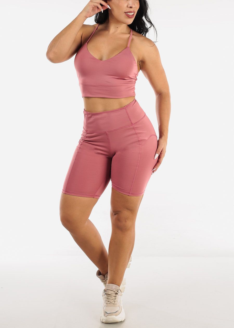 Activewear Strappy Sports Bra & Biker Shorts Mauve (2 PCE SET) sold by Moda product image thumbnail 3