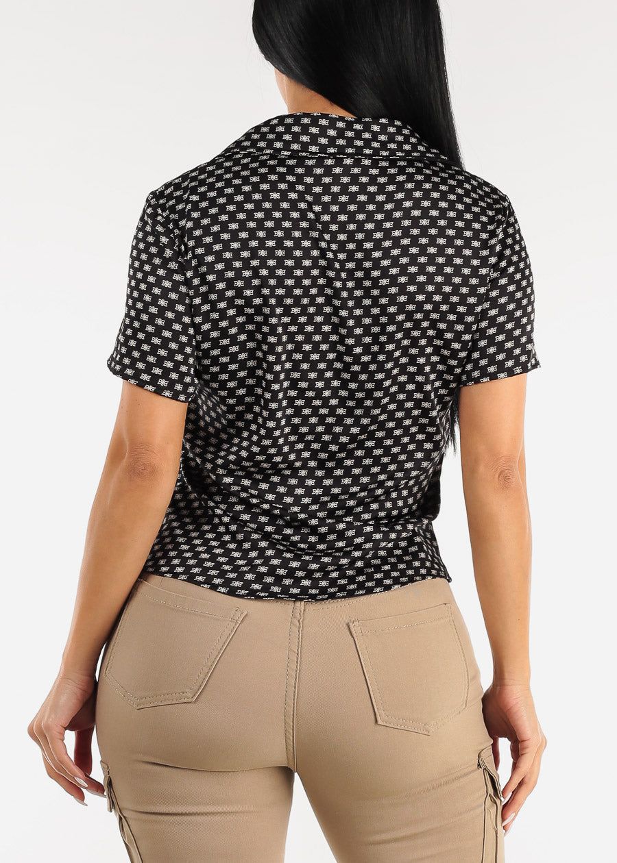 Short Sleeve Printed Satin Collared Blouse Black w Ruched Front sold by Moda product image thumbnail 4