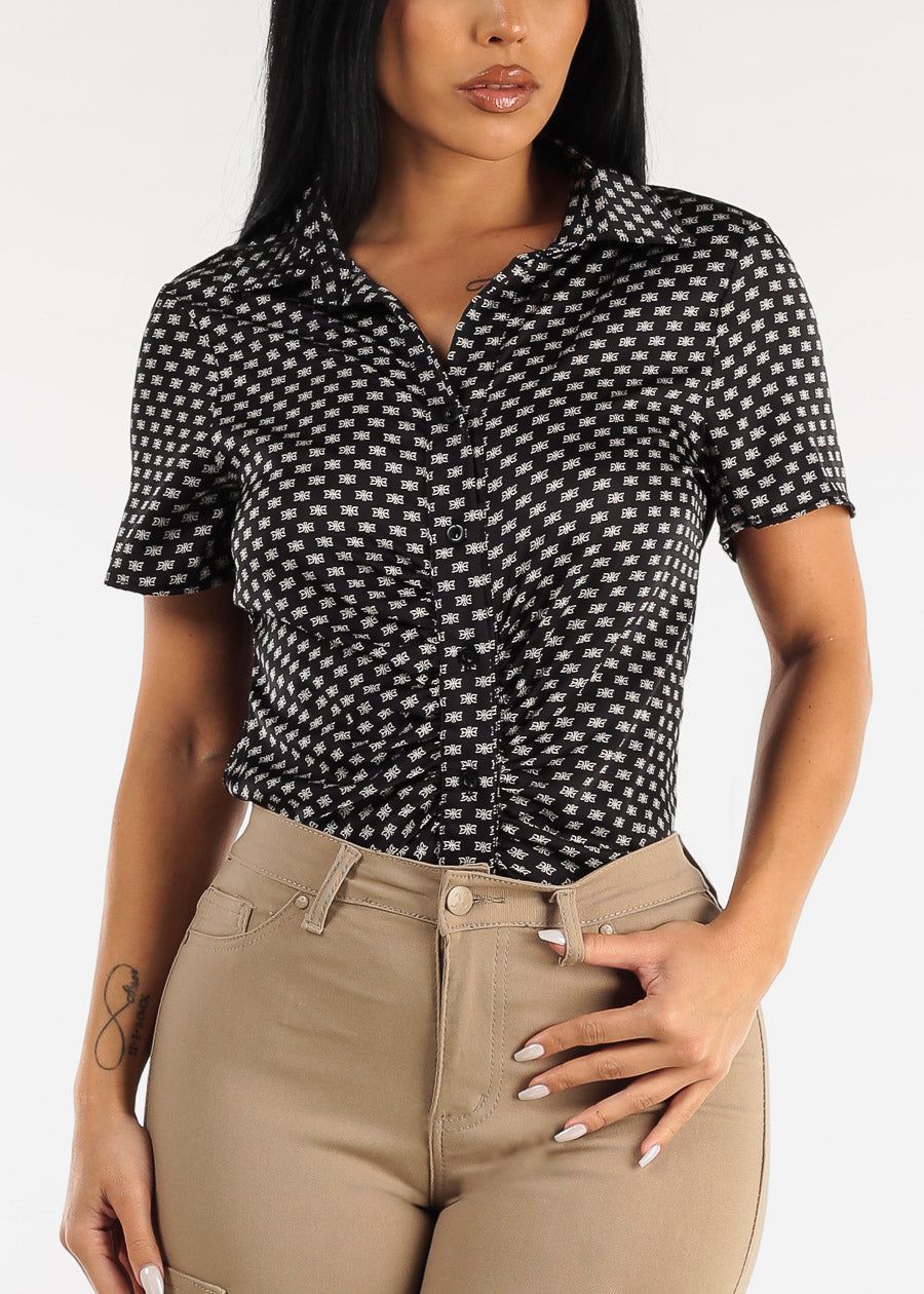 Short Sleeve Printed Satin Collared Blouse Black w Ruched Front sold by Moda