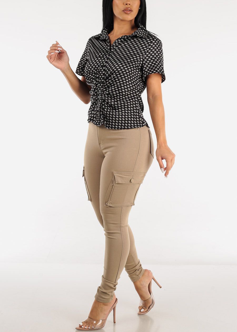 Short Sleeve Printed Satin Collared Blouse Black w Ruched Front sold by Moda product image thumbnail 2