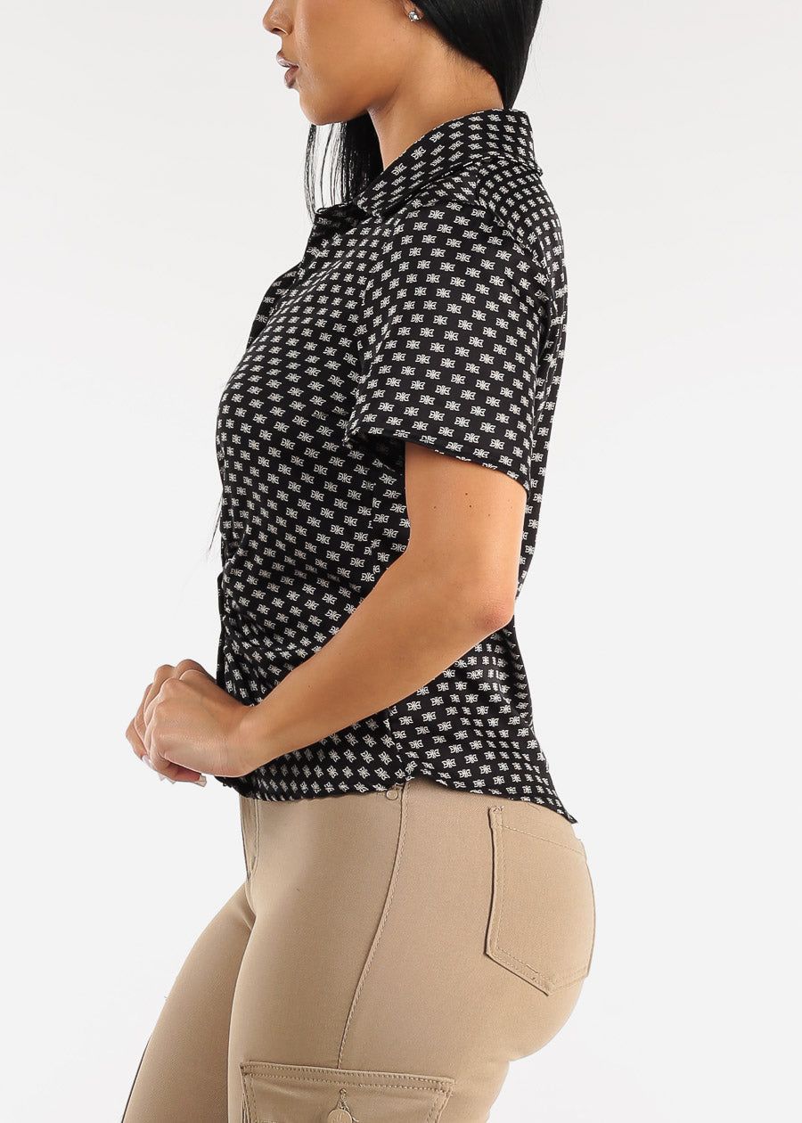 Short Sleeve Printed Satin Collared Blouse Black w Ruched Front sold by Moda product image thumbnail 3