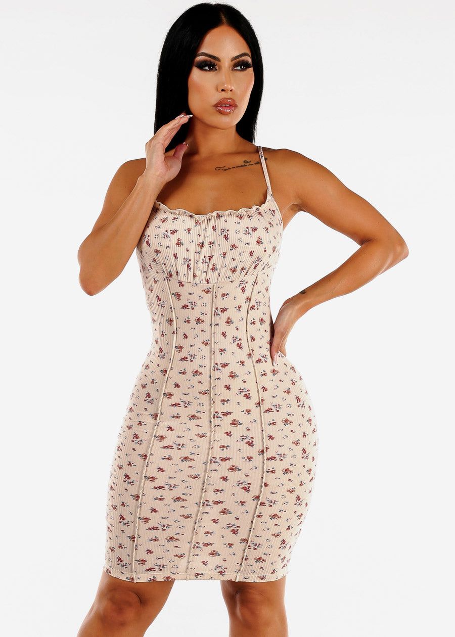 Scoop Neck Floral Ribbed Cami Bodycon Dress Cream sold by Moda