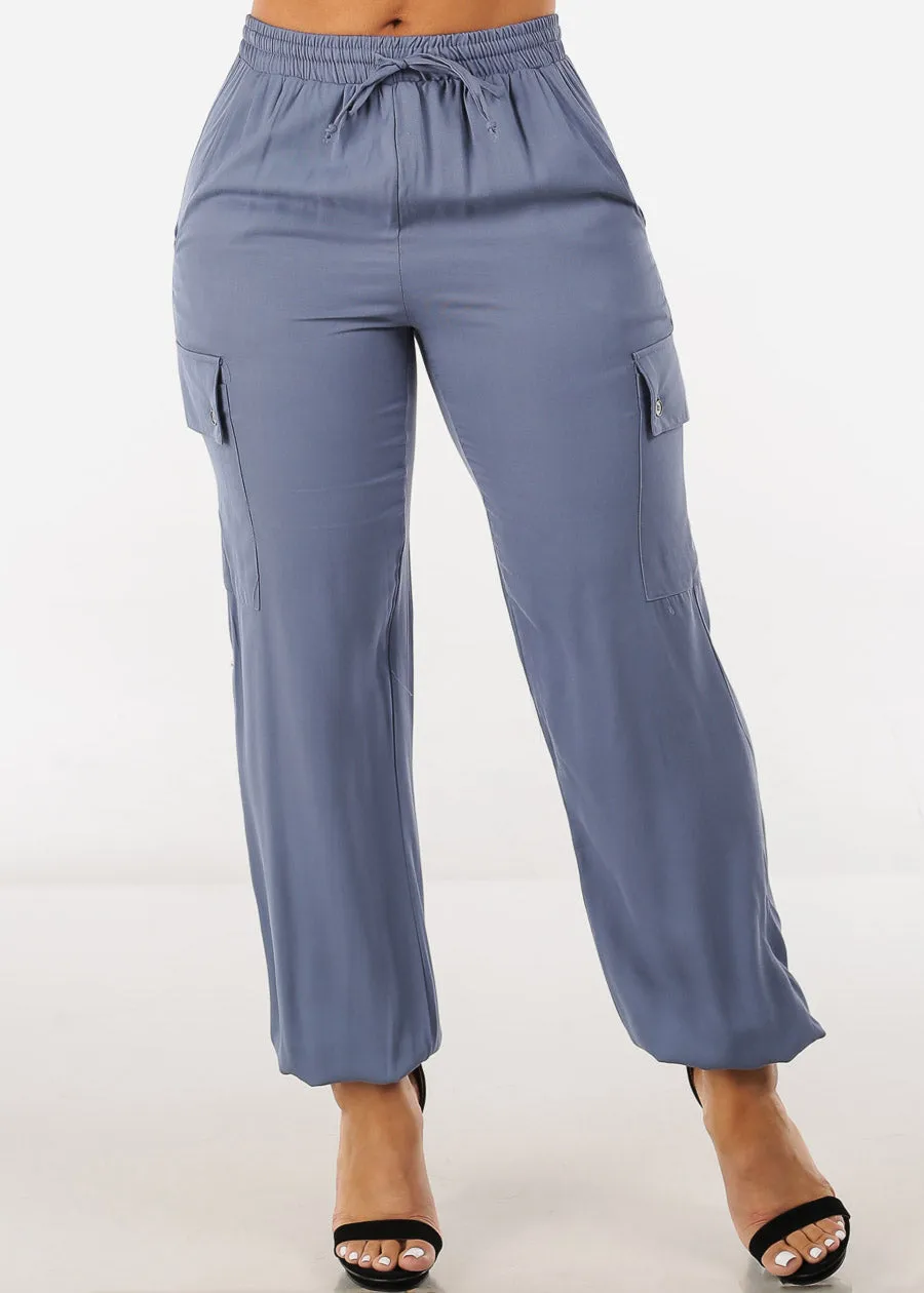 High Waist Drawstring Cargo Jogger Pants Slate Blue sold by Moda