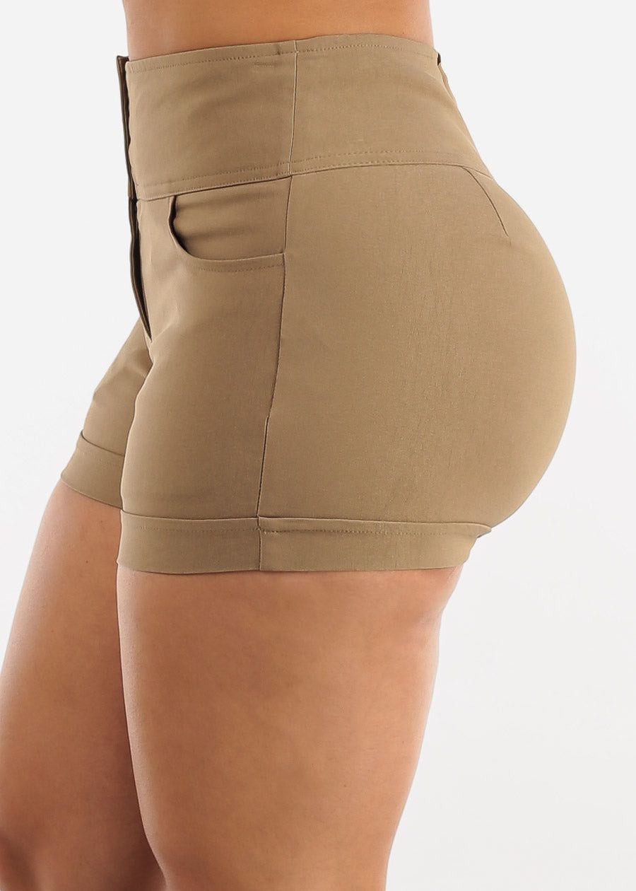 Khaki Super High Waist Cuffed Dressy Shorts sold by Moda product image thumbnail 3