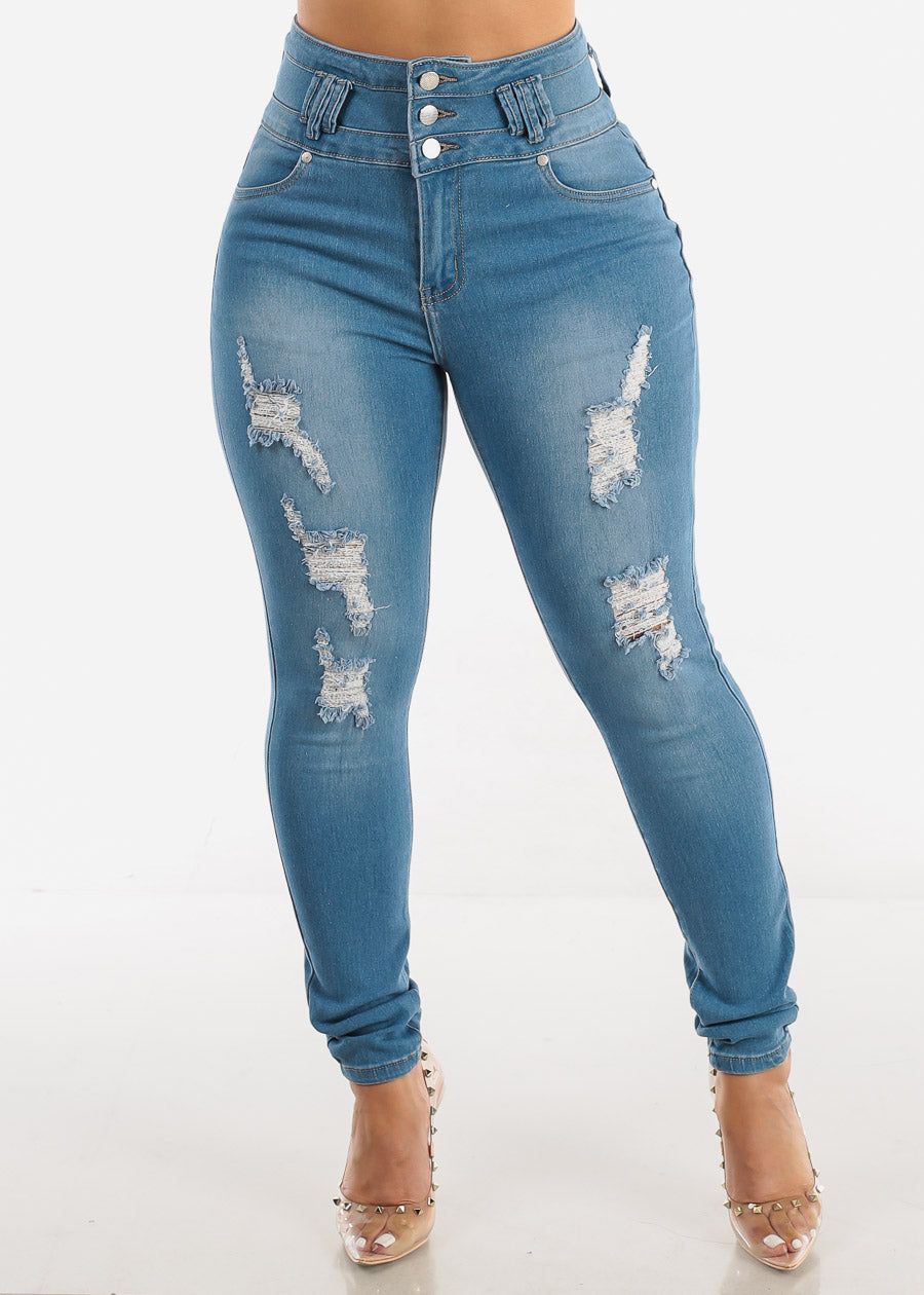 Ultra High Waisted Torn Levantacola Skinny Jeans Light Blue sold by Moda product image thumbnail 3