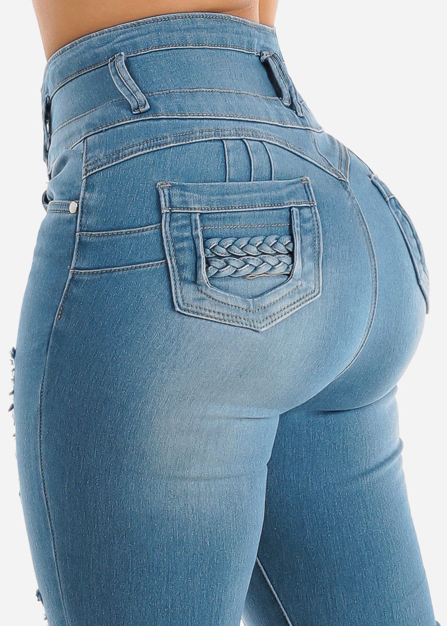 Ultra High Waisted Torn Levantacola Skinny Jeans Light Blue sold by Moda