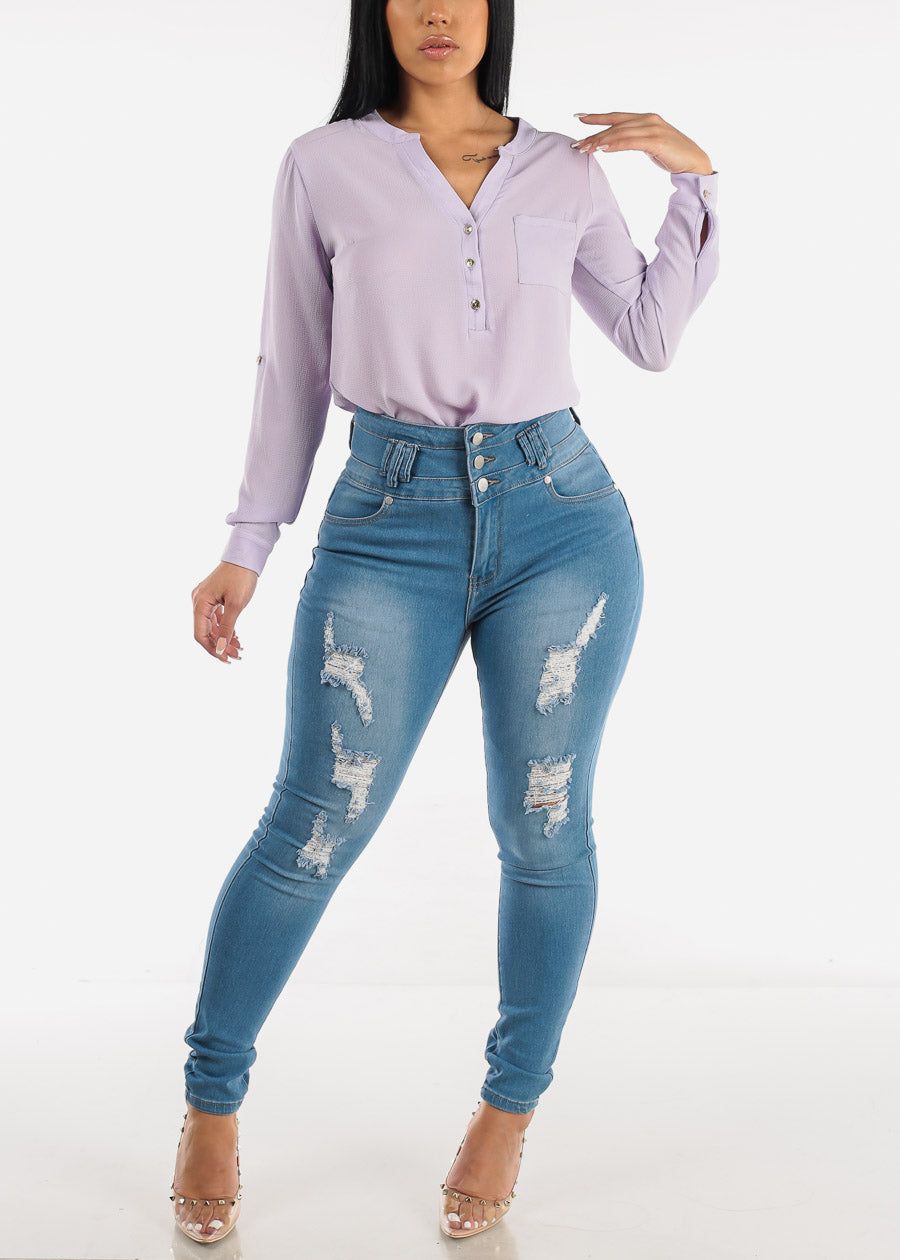 Ultra High Waisted Torn Levantacola Skinny Jeans Light Blue sold by Moda product image thumbnail 2