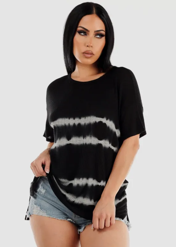 Short Sleeve Thermal Tie Dye Tunic Top Black sold by Moda