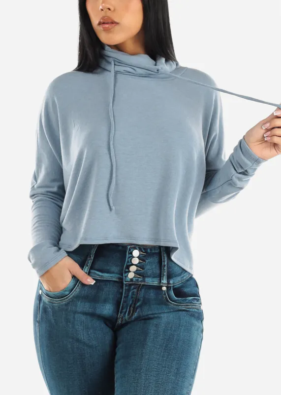 Long Dolman Sleeve Turtleneck Cropped Pullover Blue sold by Moda