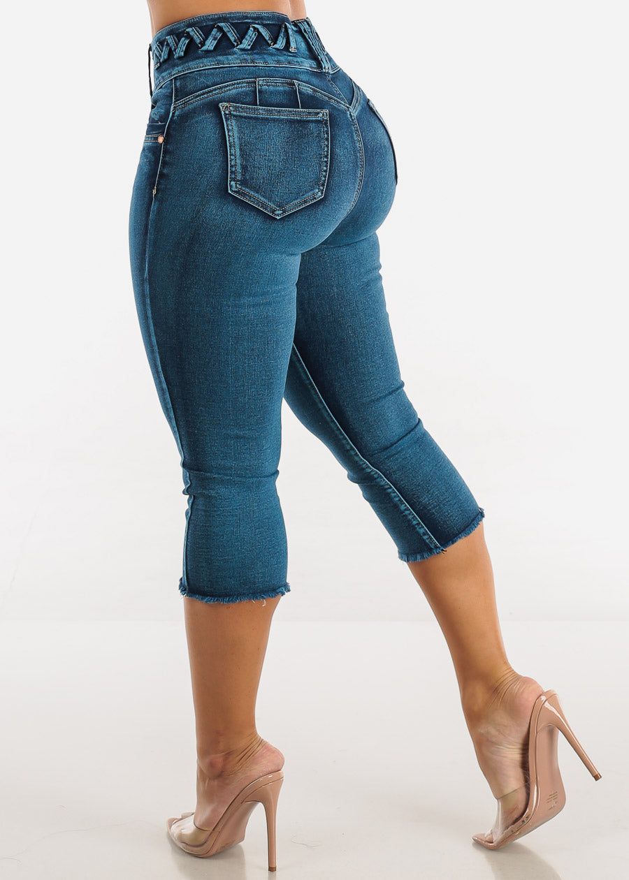 Butt Lifting High Waist Cut Off Dark Denim Capris sold by Moda