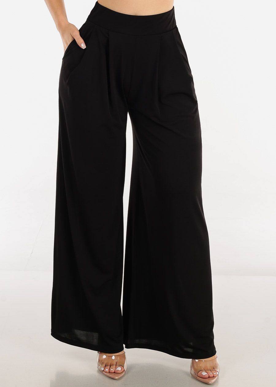 High Waisted Flare Palazzo Pants Black w Pockets sold by Moda