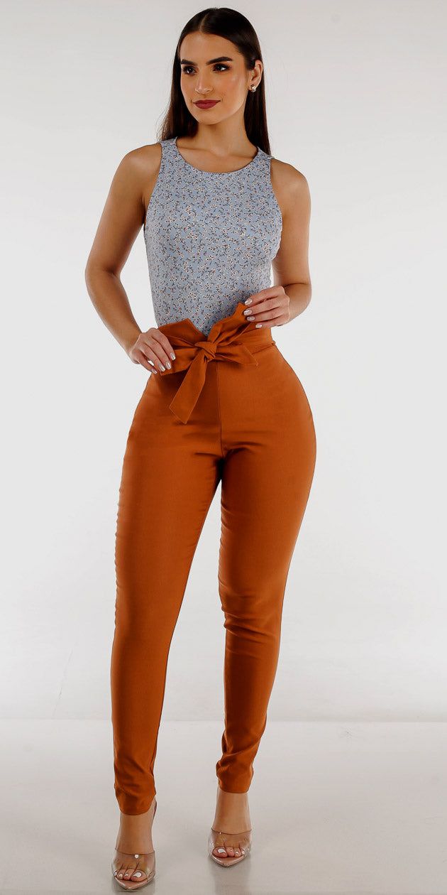 Brown High Waist Tied Dressy Skinny Pants with Sleeveless Floral Blue Bodysuit sold by Moda