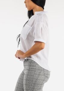 White Linen Short Sleeve Collared Top sold by Moda