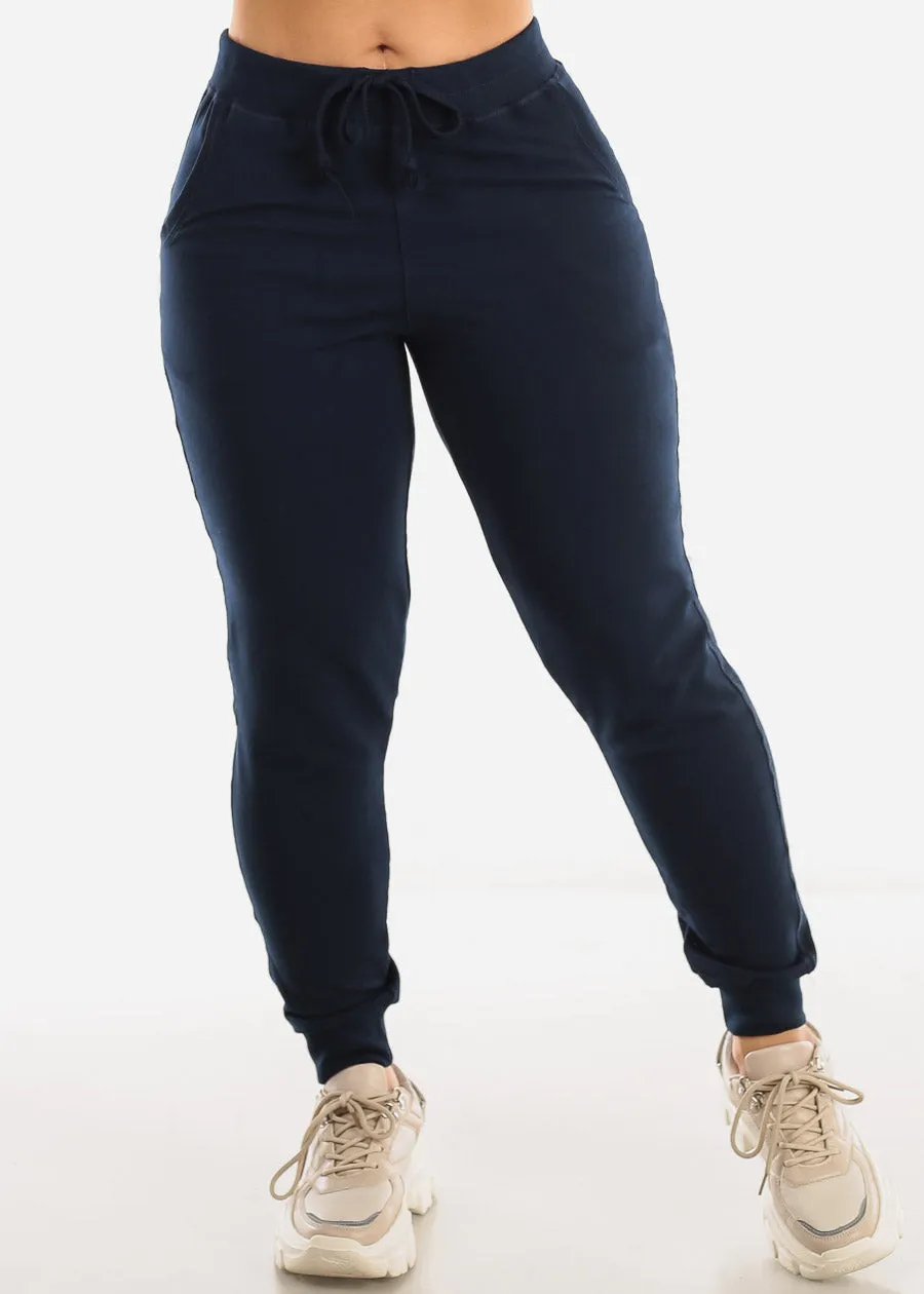 Drawstring Waist French Terry Jogger Pants Navy sold by Moda