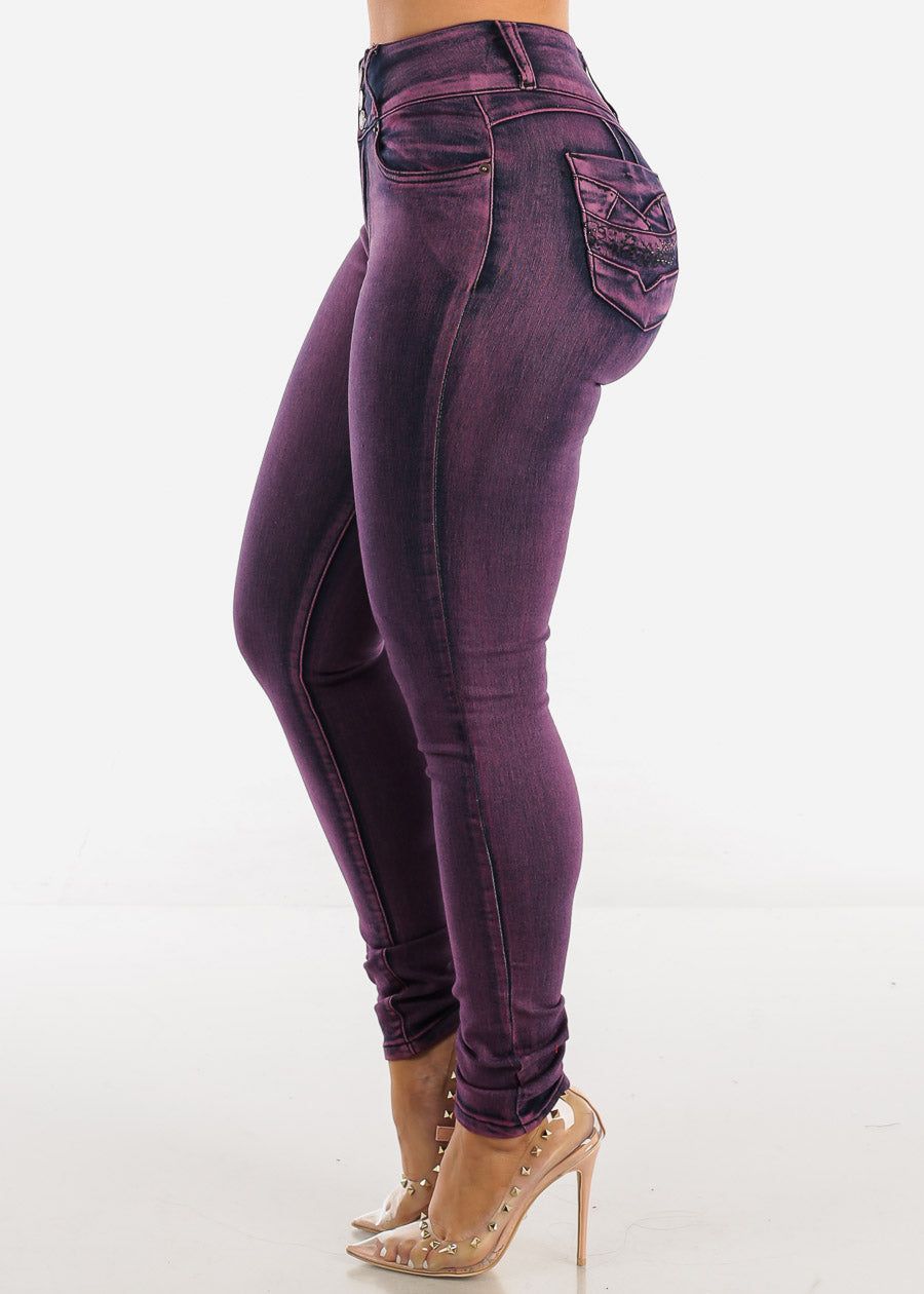 High Waist Butt Lift Purple Skinny Jeans w Rhinestones Pockets sold by Moda product image thumbnail 4