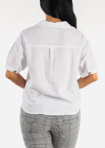 White Linen Short Sleeve Collared Top sold by Moda