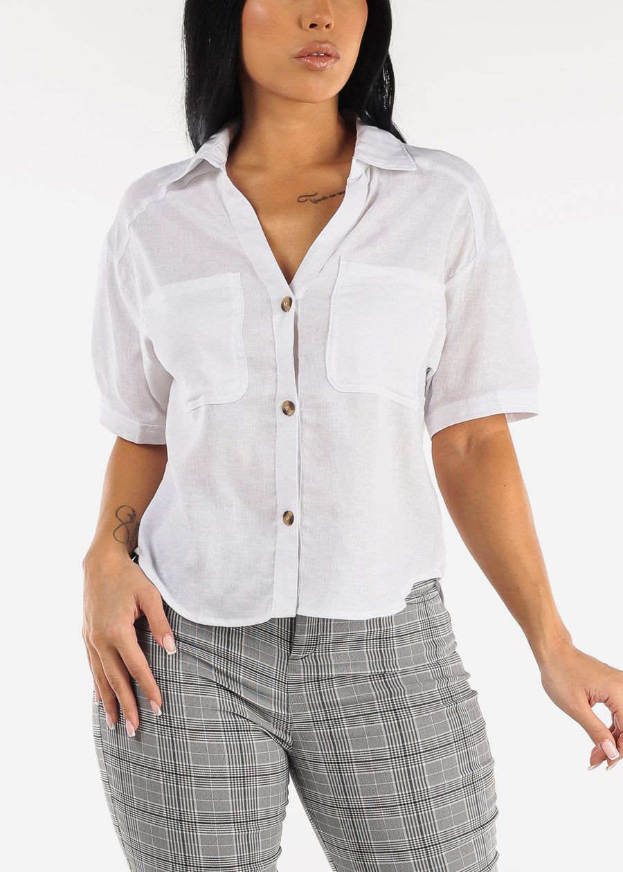White Linen Short Sleeve Collared Top sold by Moda