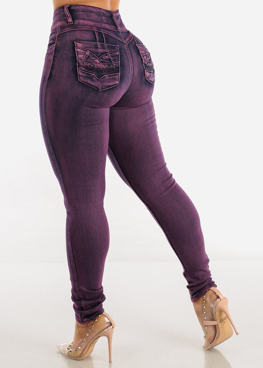 High Waist Butt Lift Purple Skinny Jeans w Rhinestones Pockets sold by Moda product image thumbnail 5