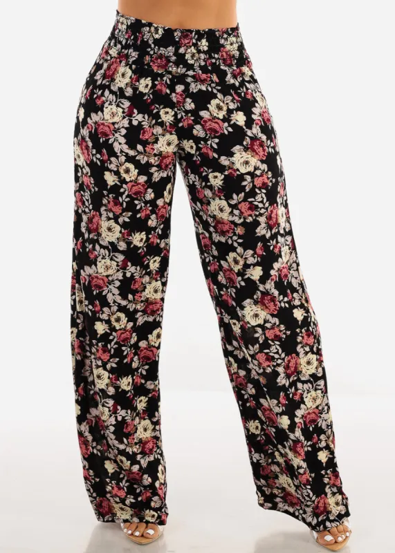 Boho Smocked Waist Floral Palazzo Pants Black sold by Moda