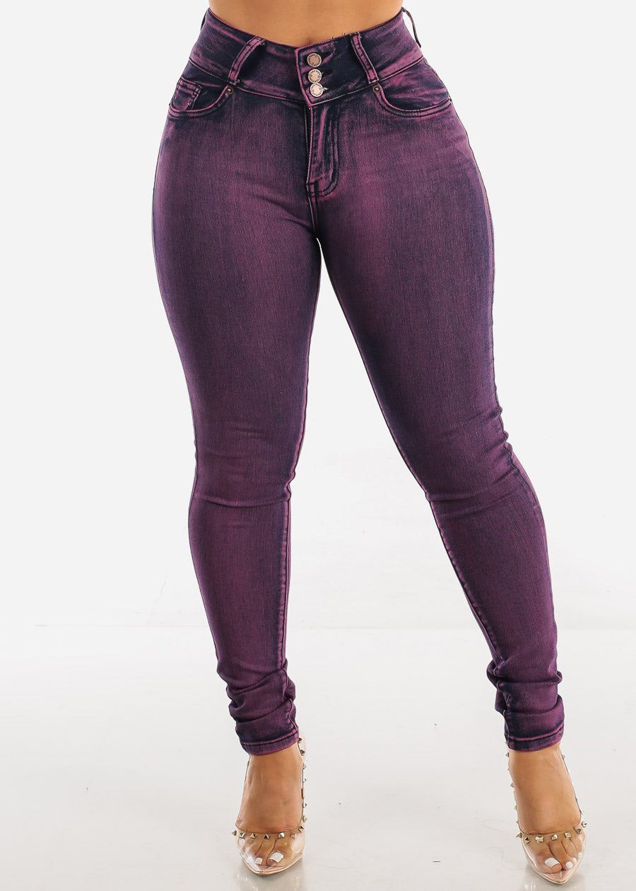 High Waist Butt Lift Purple Skinny Jeans w Rhinestones Pockets sold by Moda product image thumbnail 3