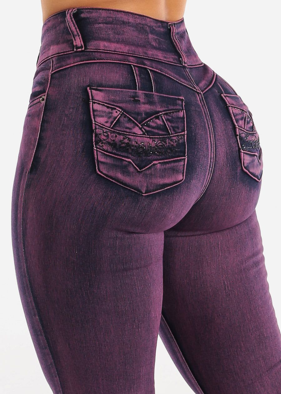 High Waist Butt Lift Purple Skinny Jeans w Rhinestones Pockets sold by Moda