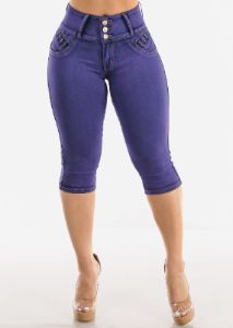 Butt Lifting Mid Rise Purple Denim Capris sold by Moda