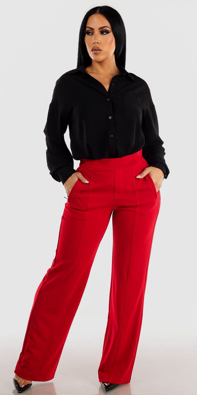 Red High Rise Wide Leg Dressy Pants with Black Long Sleeve Collared Blouse sold by Moda