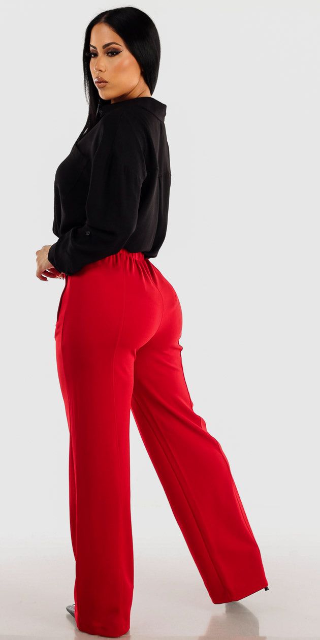 Red High Rise Wide Leg Dressy Pants with Black Long Sleeve Collared Blouse sold by Moda product image thumbnail 2