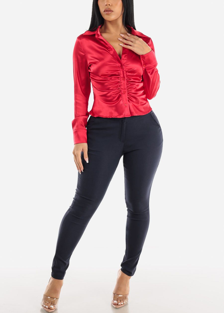 Red Satin Long Sleeve Ruched Button Up Shirt sold by Moda product image thumbnail 2