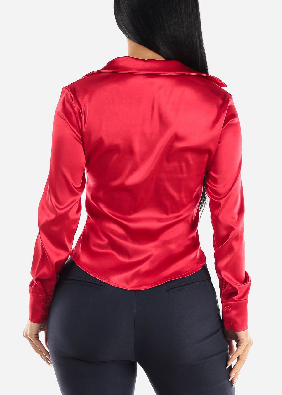 Red Satin Long Sleeve Ruched Button Up Shirt sold by Moda product image thumbnail 4