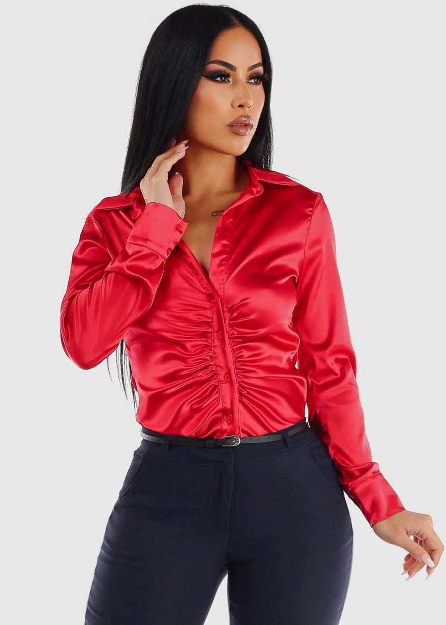 Red Satin Long Sleeve Ruched Button Up Shirt sold by Moda