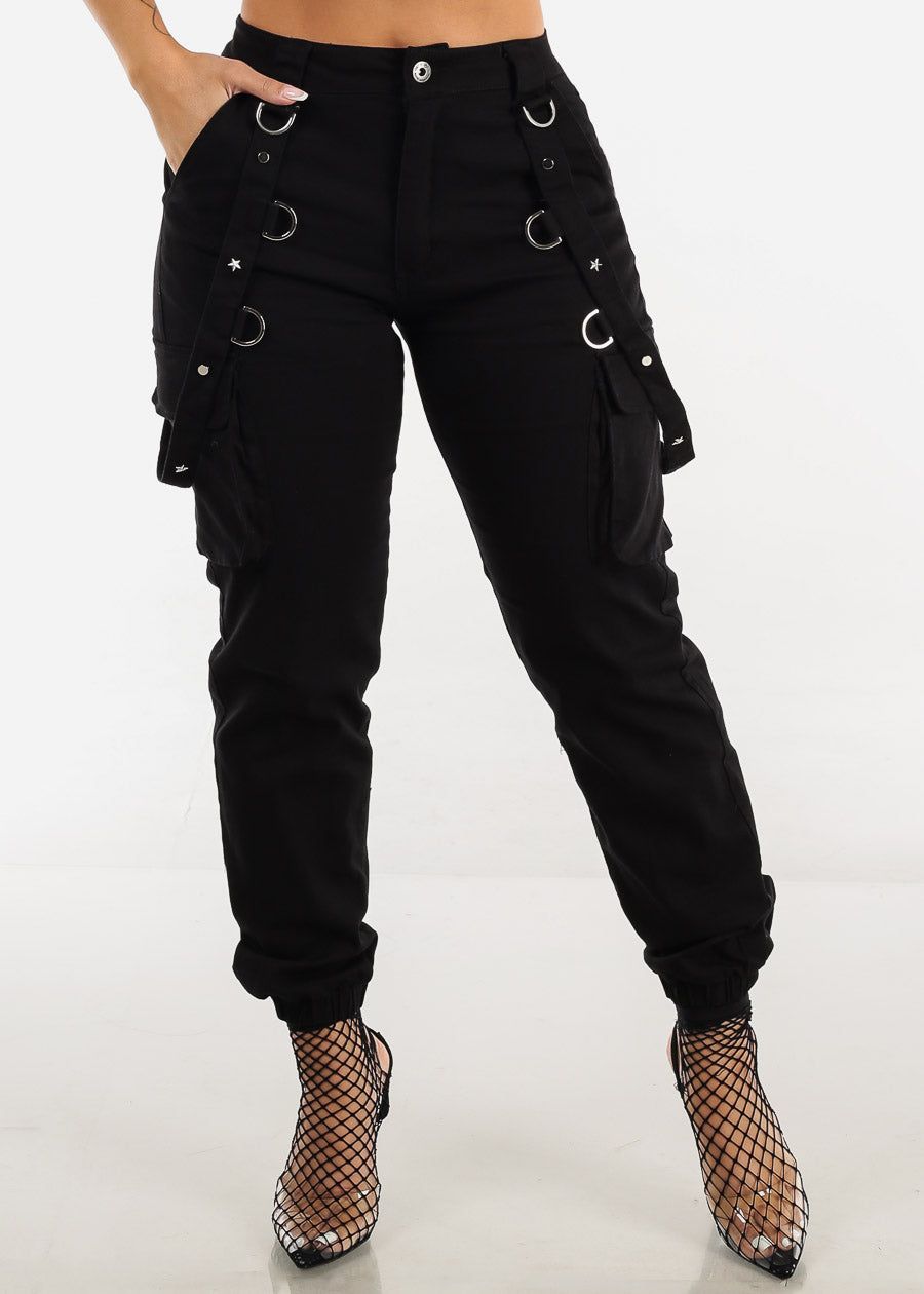 High Waist Black Jogger Pants w Studded Straps sold by Moda