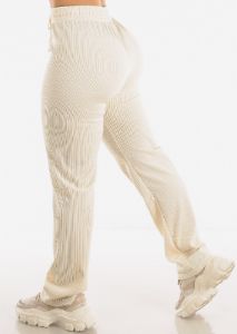 High Drawstring Waist Rib Knit Straight Leg Pants Cream sold by Moda