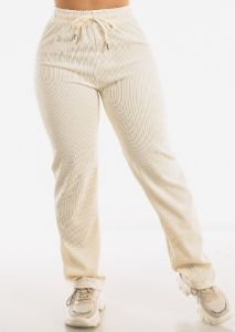 High Drawstring Waist Rib Knit Straight Leg Pants Cream sold by Moda