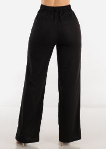 Black High Waist Straight Wide Leg Linen Pants sold by Moda