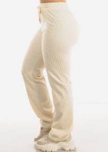High Drawstring Waist Rib Knit Straight Leg Pants Cream sold by Moda