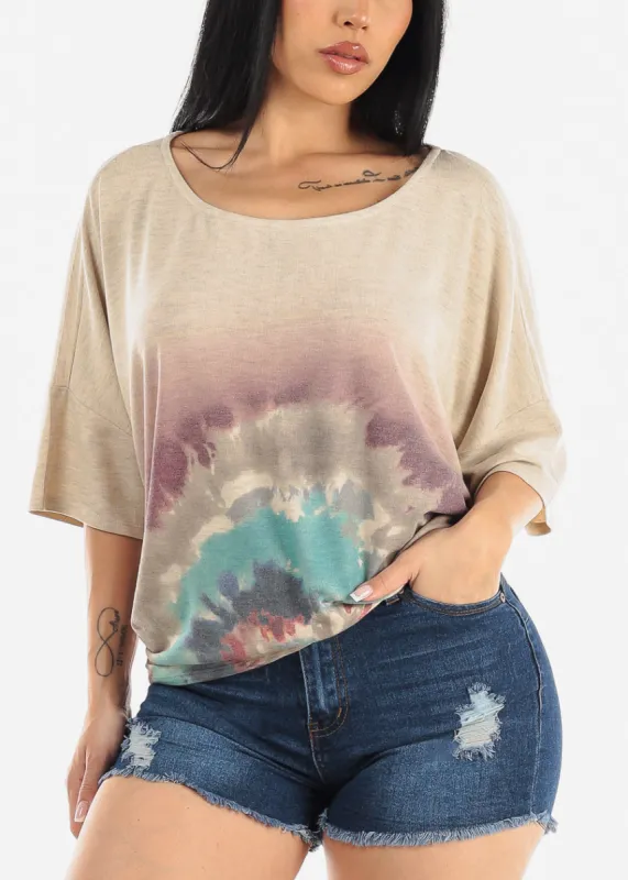 Elbow Sleeve Tie Dye Hacci Top Oatmeal sold by Moda