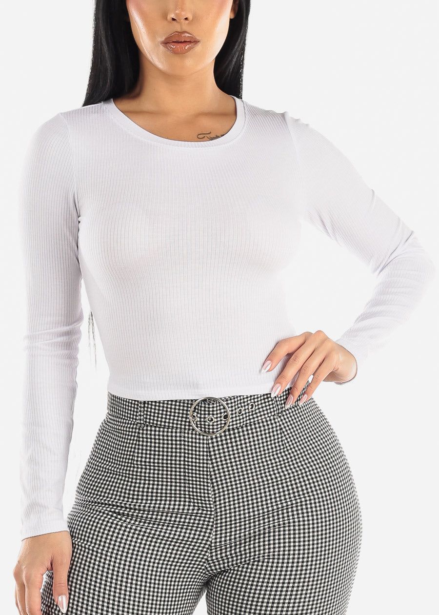 Ribbed Crewneck Long Sleeve White Crop Top sold by Moda