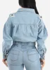 Distressed Zip Up Denim Bomber Jacket Light Blue sold by Moda