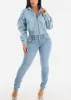 Distressed Zip Up Denim Bomber Jacket Light Blue sold by Moda