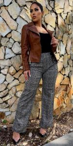 Brown Plaid Wide Leg Straight Dress Pants Black Long Sleeve Bodysuit and Brown Pleather Moto Jacket sold by Moda